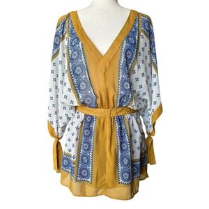 Free People SANTA CRUZ Mini Dress Womens Small Kimono Yellow Blue Goldenrod Boho